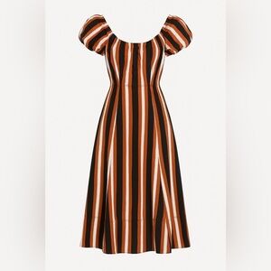 Tanya Taylor puff shoulder midi dress belted brown black white vertical stripes